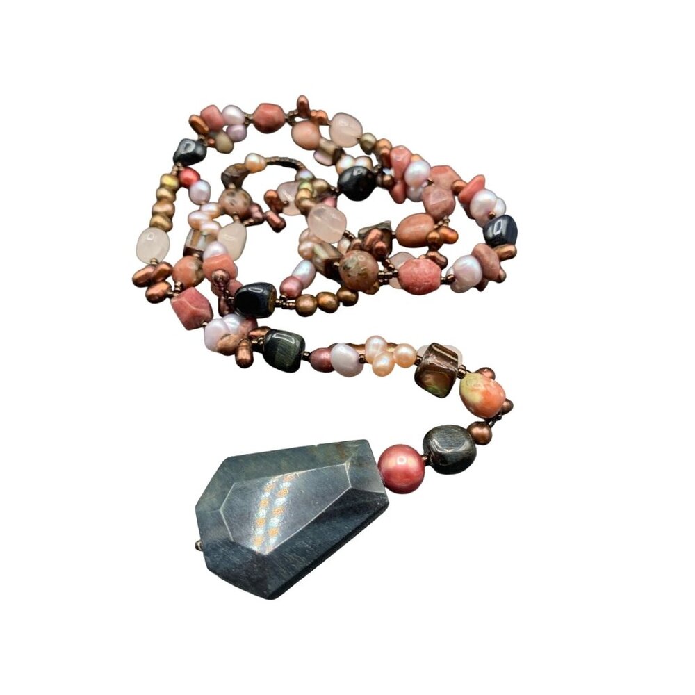 Handcrafted Semi Precious Stones Necklace Earthy Colors Pearls and Stones